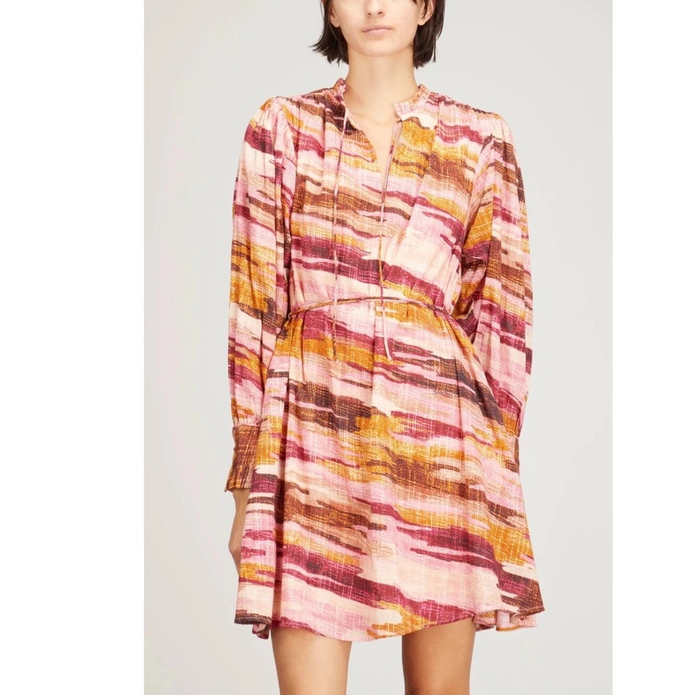 Mariacher Mini Dress Womens Small Pink Abstract Boho Long Sleeve Gauze V-Neck
